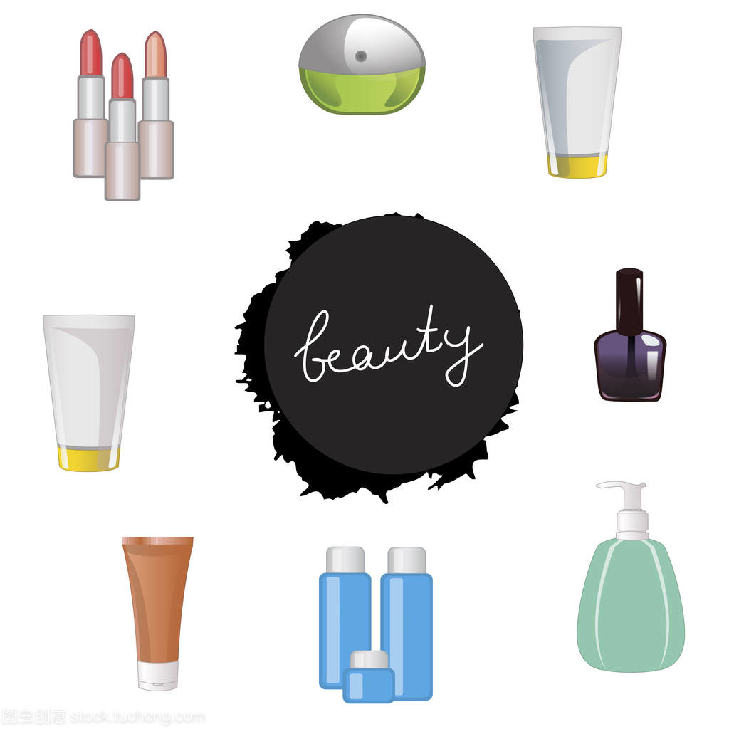 身体护理与装饰化妆品 白色背景上的美刻黑飞溅矢量图